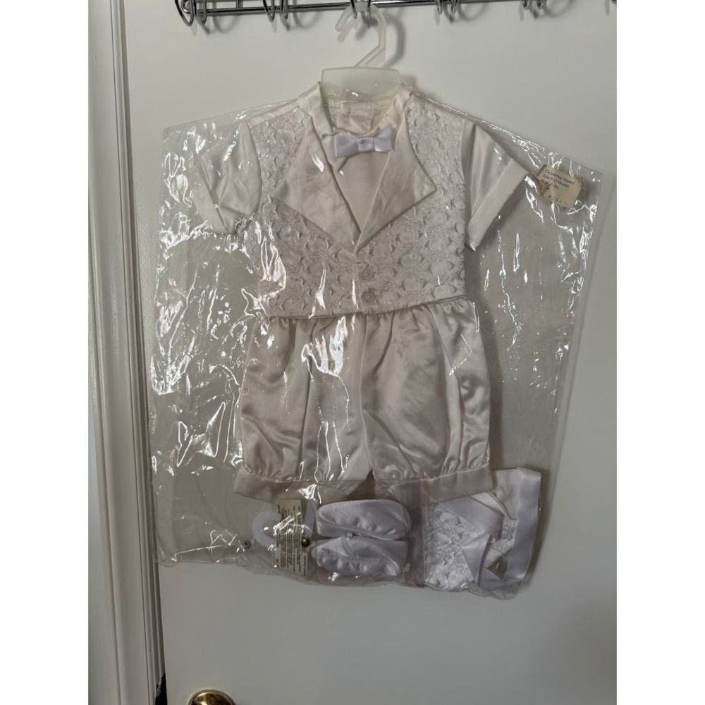 Baby Christening 9-12 Months White Silk Hat Bow‎ Tie Shoes Baptism Wedding NEW